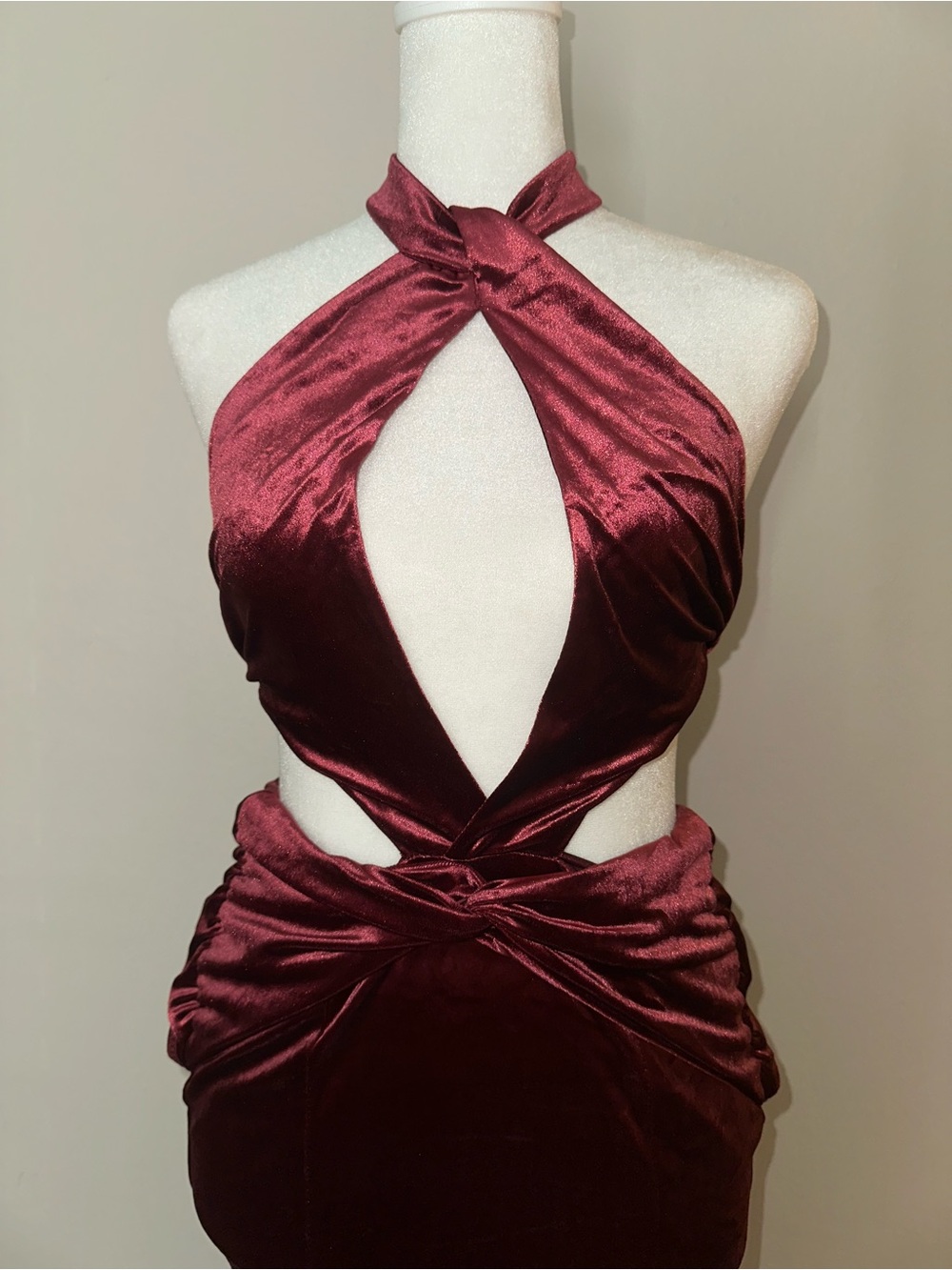 Oh Polly Burgundy Satin Halter Cutout Dress